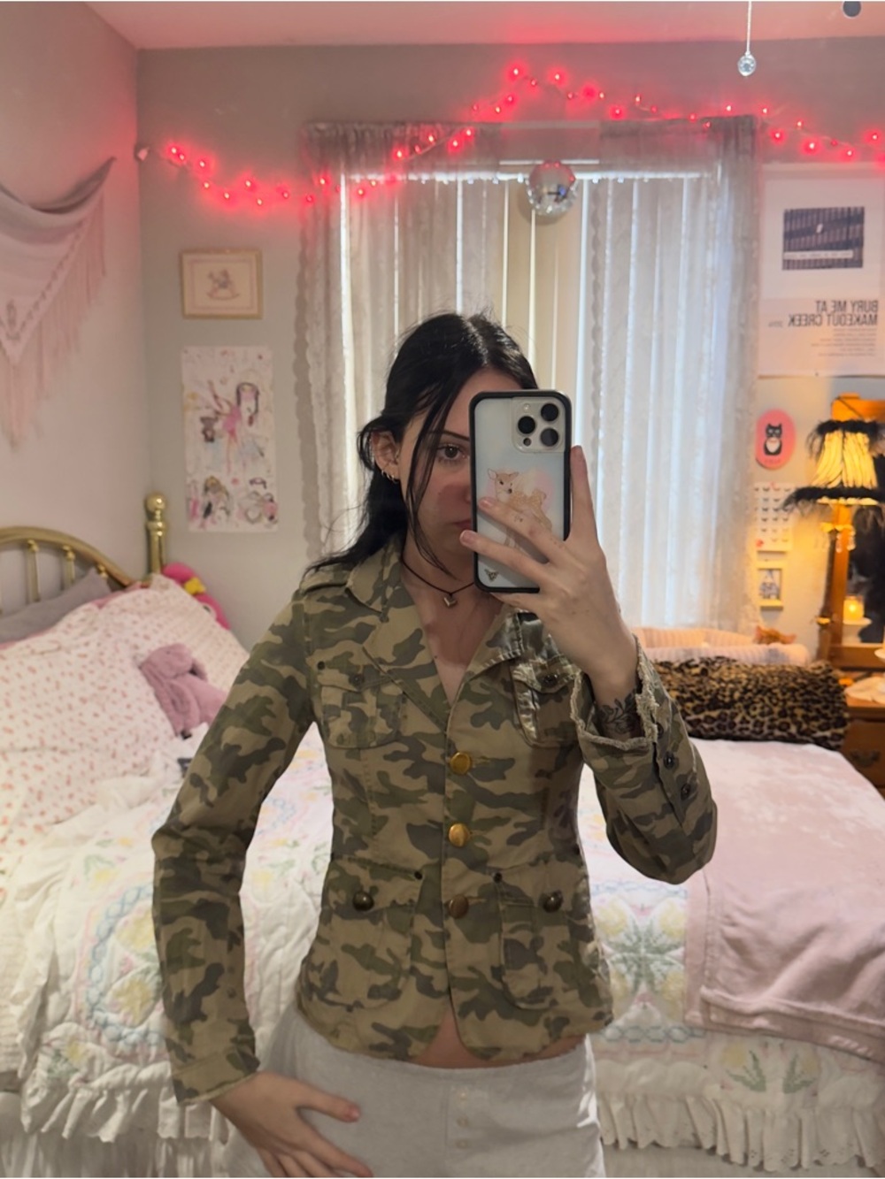 Y2K Camo Button-Front Women's Military Jacket - Green